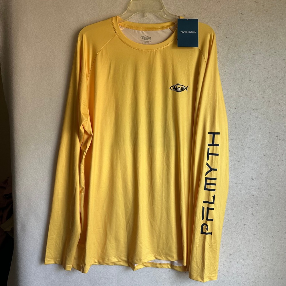 Palmyth Performance Fishing Shirt Mens XL Yellow Long Sleeve Blue Crab Graphic